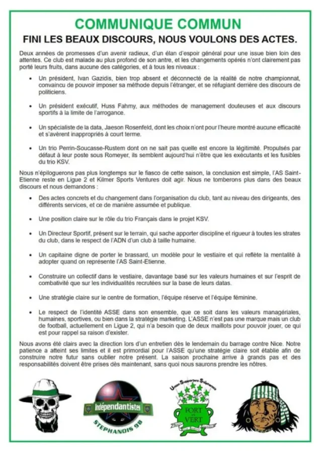 Flash ASSE : Les groupes de supporters posent un ultamatum à la Direction
