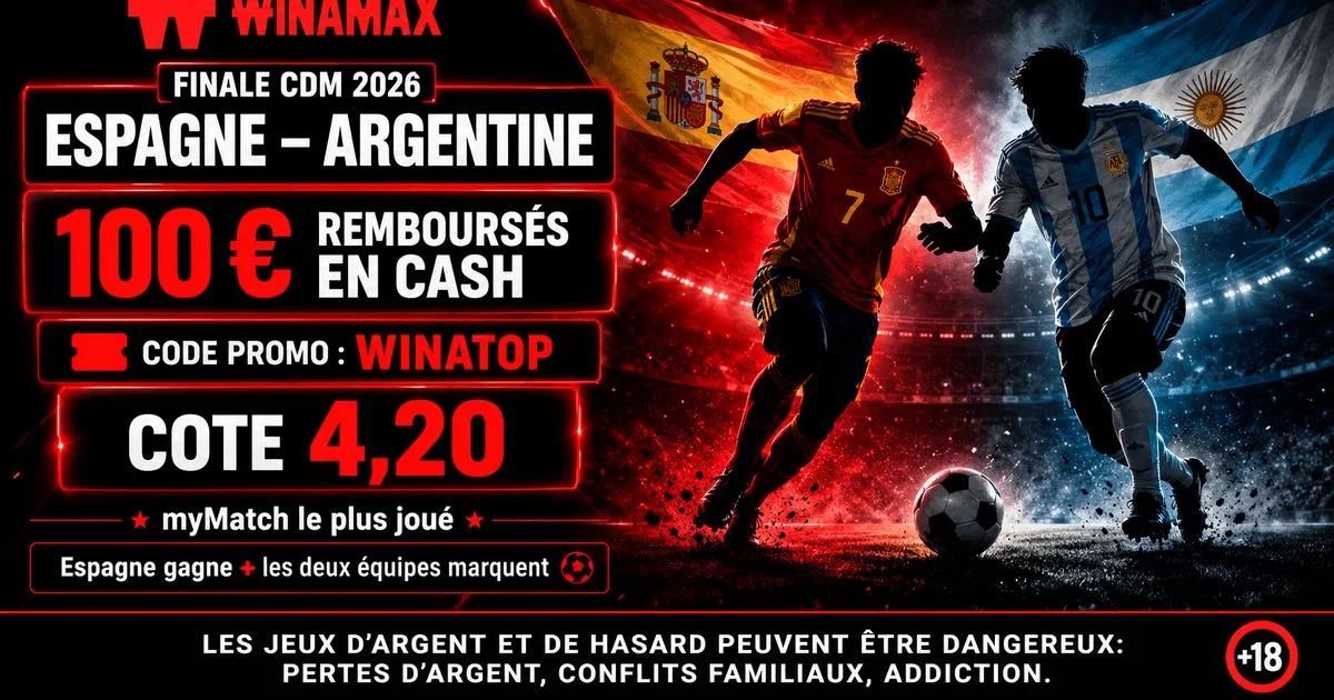 Code promo Winamax WINATOP : 100 € remboursés en cash et une cote à 4,20 pour Espagne – Argentine (finale CdM 2026)