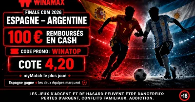 Code promo Winamax WINATOP : 100 € remboursés en cash et une cote à 4,20 pour Espagne – Argentine (finale CdM 2026)